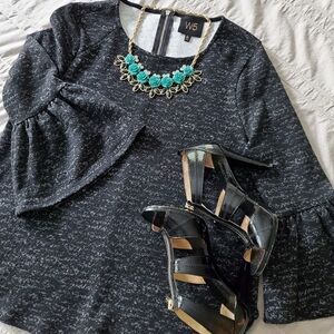 W5 Black Heathered Bell Sleeve Top